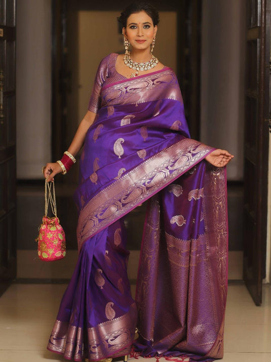 Royal Purple Banarasi Soft Silk Saree with Luxurious Rose Gold Zari Weaving