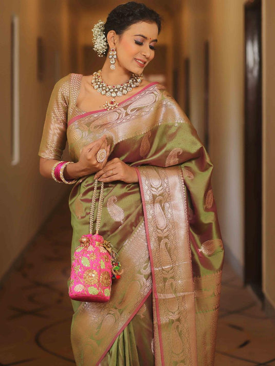 Graceful Olive Green Banarasi Soft Silk Saree with Elegant Rose Gold Zari Weaving
