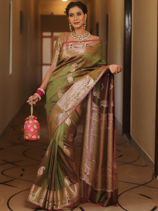 Graceful Olive Green Banarasi Soft Silk Saree with Elegant Rose Gold Zari Weaving