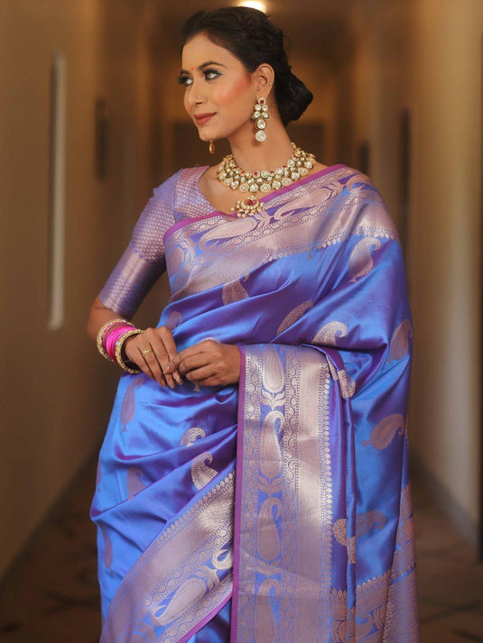 Royal Blue Banarasi Soft Silk Saree with Lavish Silver Zari Weaving