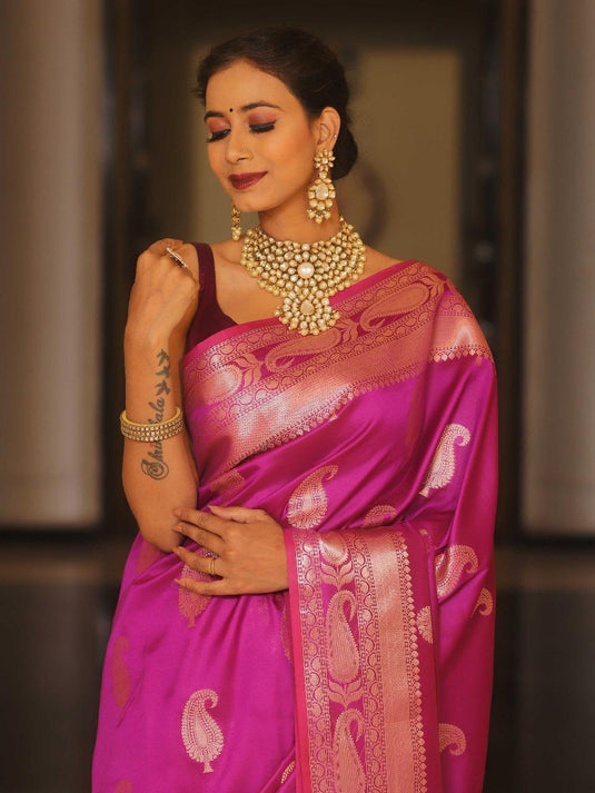 Elegant Magenta Banarasi Soft Silk Saree with Rich Zari Work