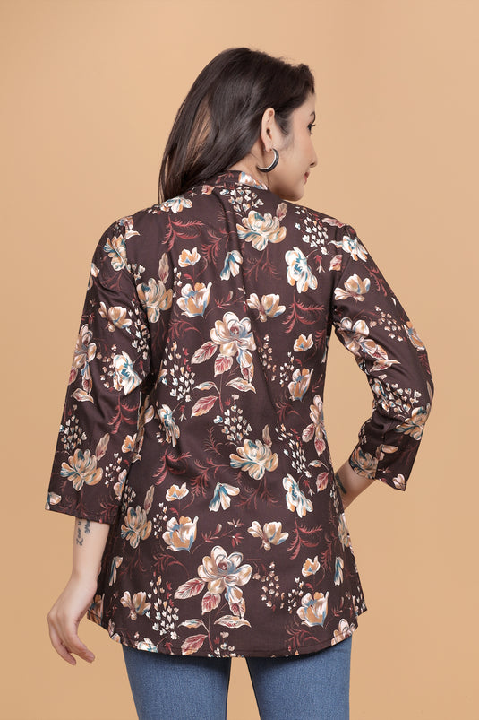 Women's Brown Floral Printed A-Line Top with Mandarin Collar & 3/4th Sleeves