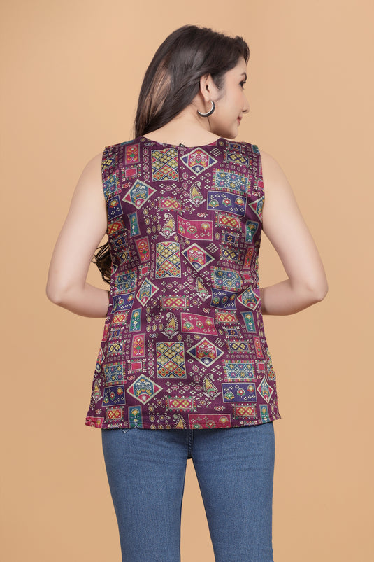 Women's Multicolor Ethnic Patch Print Sleeveless Top in Premium Rayon Slub
