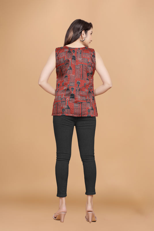 Women's Tribal Print Sleeveless Top in Rust Red Rayon Slub Fabric