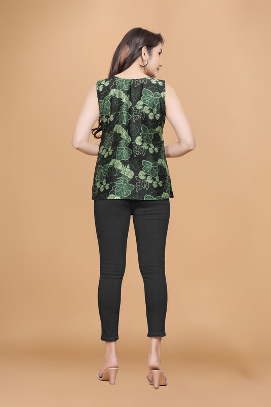 Women's Black & Green Floral Printed Sleeveless Top in Rayon Slub Fabric