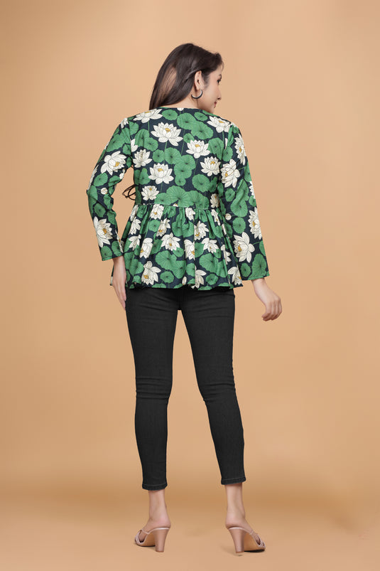 Women's Green Lotus Floral Printed Empire Waist Top with Round Neck & Flared Hem