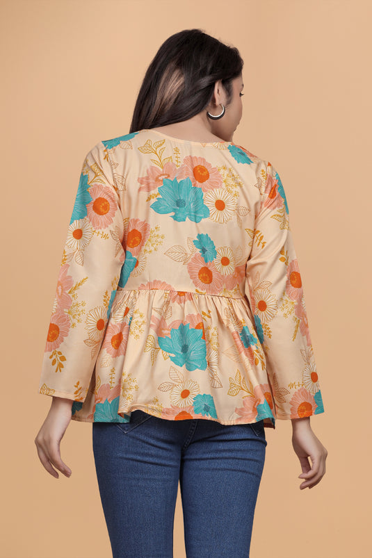 Women's Beige Floral Printed Flared Empire Top with Full Sleeves & Round Neck