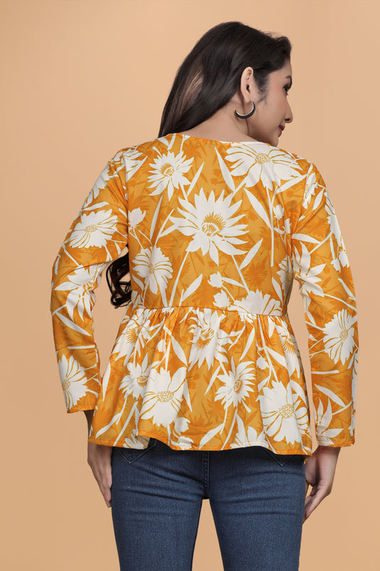 Women's Yellow & White Floral Empire Top with Full Sleeves & Round Neck