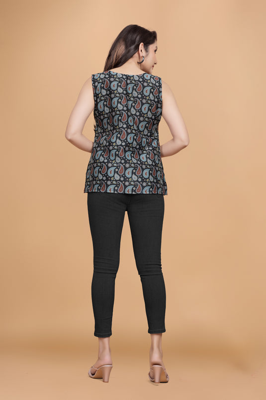 Women's Black Sleeveless Paisley Printed Top in Rayon Slub Fabric