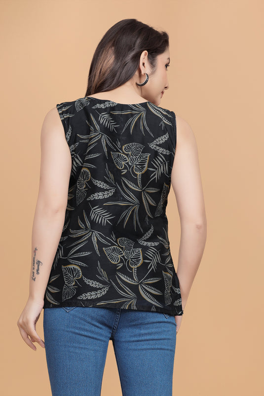 Women's Black Floral Printed Sleeveless Top in Rayon Slub Fabric