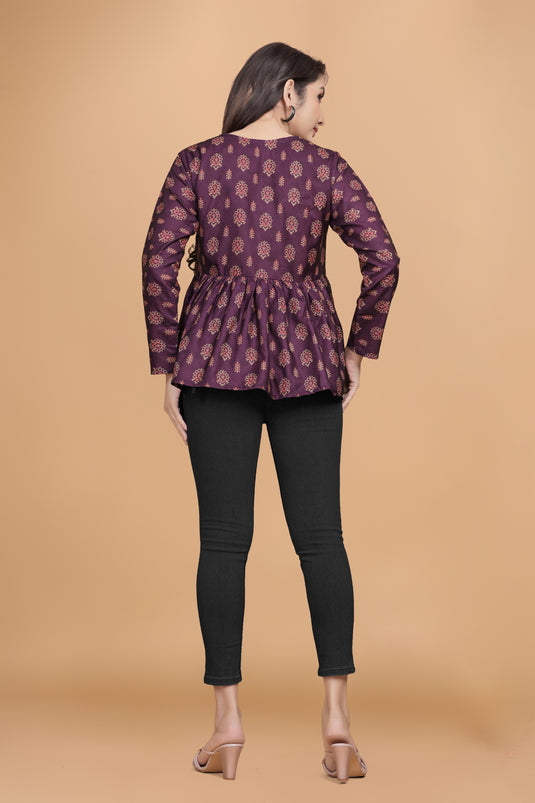 Women's Maroon Ethnic Printed Empire Top with V-Neck & Flared Hem