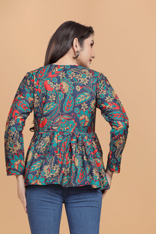 Women's Navy Blue Multi-Color Ethnic Floral Empire Top with V-Neck & Flared Hem
