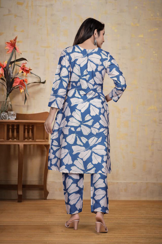 Chic Blue & White Petal Print Co-Ord Set for Women โ โIraโ Contemporary Ethnic Style