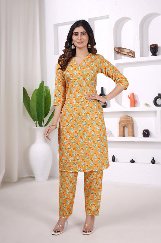 Bright Yellow Printed Kurta Set with Matching Pants in Viscose Rayon