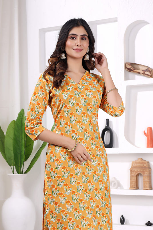 Bright Yellow Printed Kurta Set with Matching Pants in Viscose Rayon