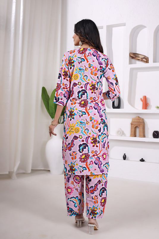 Pastel Pink Multicolor Printed Kurta Set with Matching Pants in Viscose Rayon