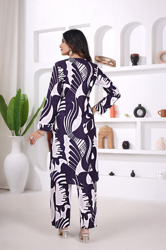 Navy Blue & White Abstract Printed Kurta Set with Matching Pants in Viscose Rayon