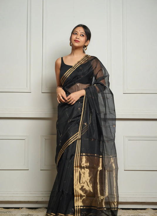 Elegant Black Soft Cotton Saree with Golden Woven Border