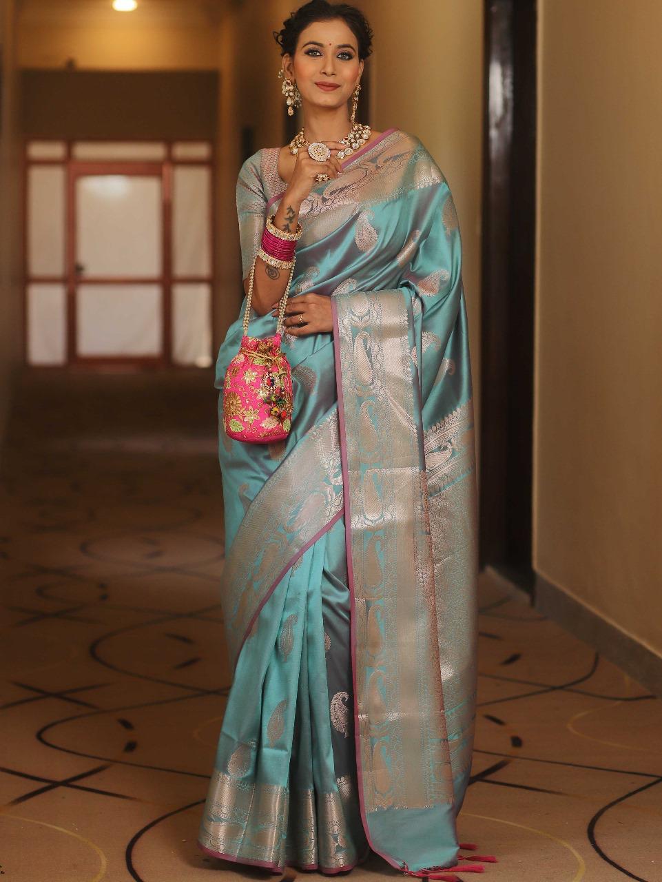 Charming Sky Blue Banarasi Soft Silk Saree with Silver Zari Embroidery