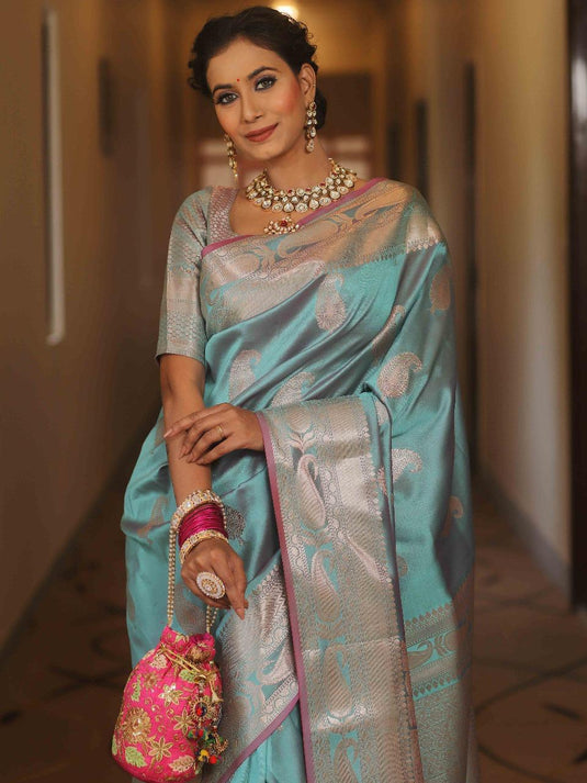 Charming Sky Blue Banarasi Soft Silk Saree with Silver Zari Embroidery
