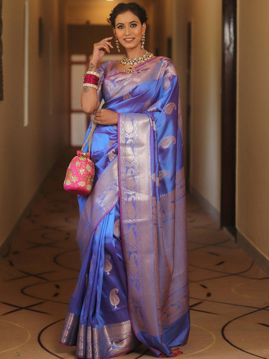 Royal Blue Banarasi Soft Silk Saree with Lavish Silver Zari Weaving