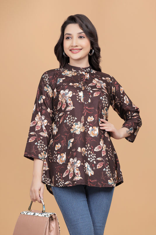 Women's Brown Floral Printed A-Line Top with Mandarin Collar & 3/4th Sleeves