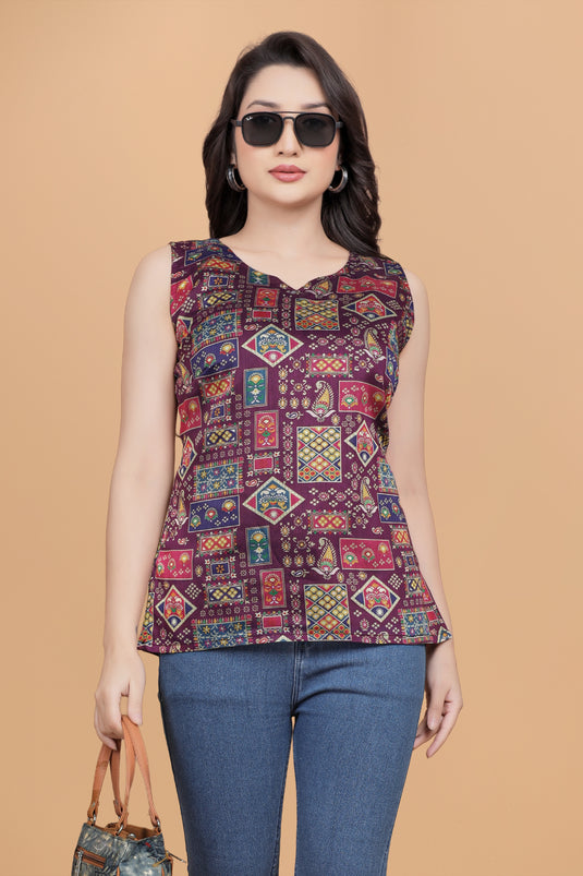 Women's Multicolor Ethnic Patch Print Sleeveless Top in Premium Rayon Slub