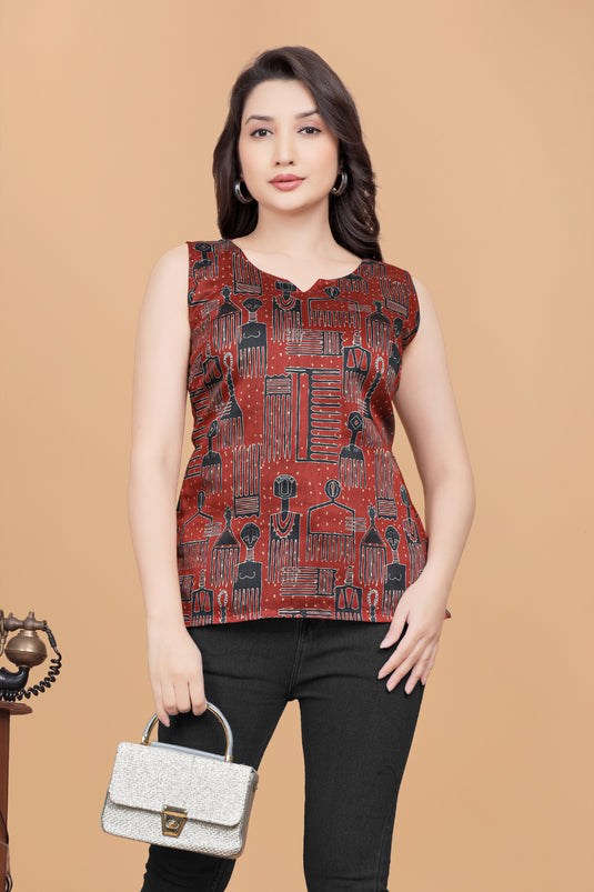 Women's Tribal Print Sleeveless Top in Rust Red Rayon Slub Fabric