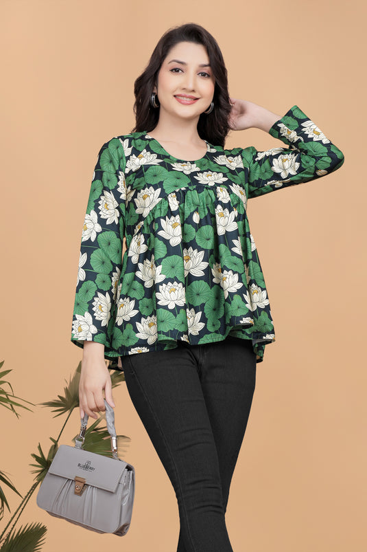 Women's Green Lotus Floral Printed Empire Waist Top with Round Neck & Flared Hem