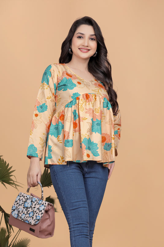 Women's Beige Floral Printed Flared Empire Top with Full Sleeves & Round Neck