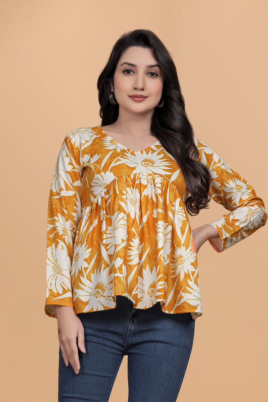 Women's Yellow & White Floral Empire Top with Full Sleeves & Round Neck