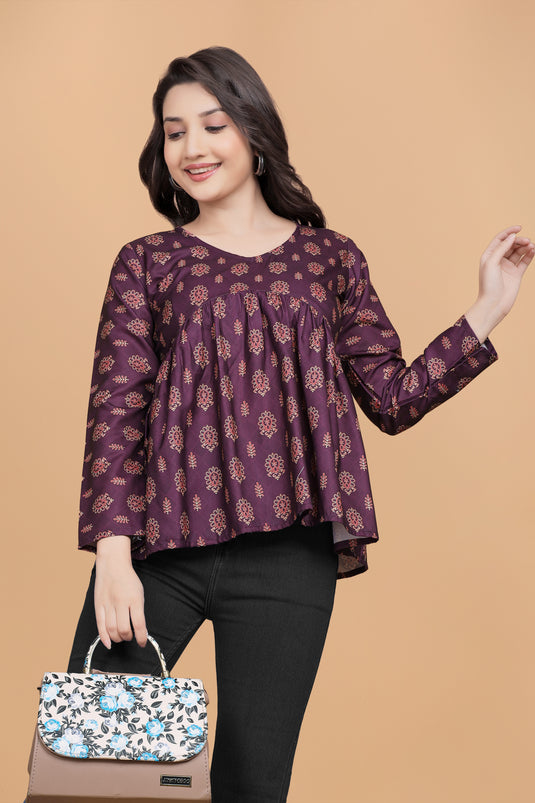 Women's Maroon Ethnic Printed Empire Top with V-Neck & Flared Hem