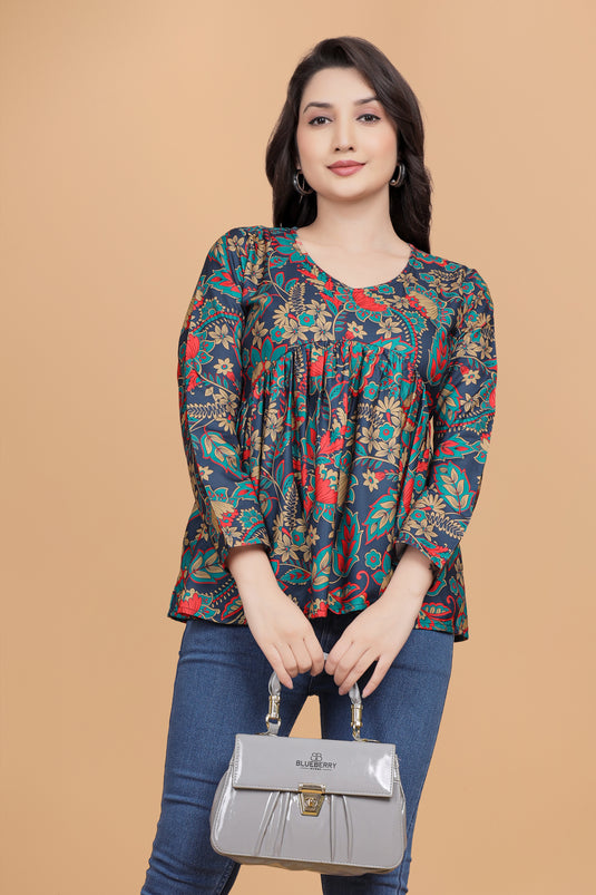 Women's Navy Blue Multi-Color Ethnic Floral Empire Top with V-Neck & Flared Hem