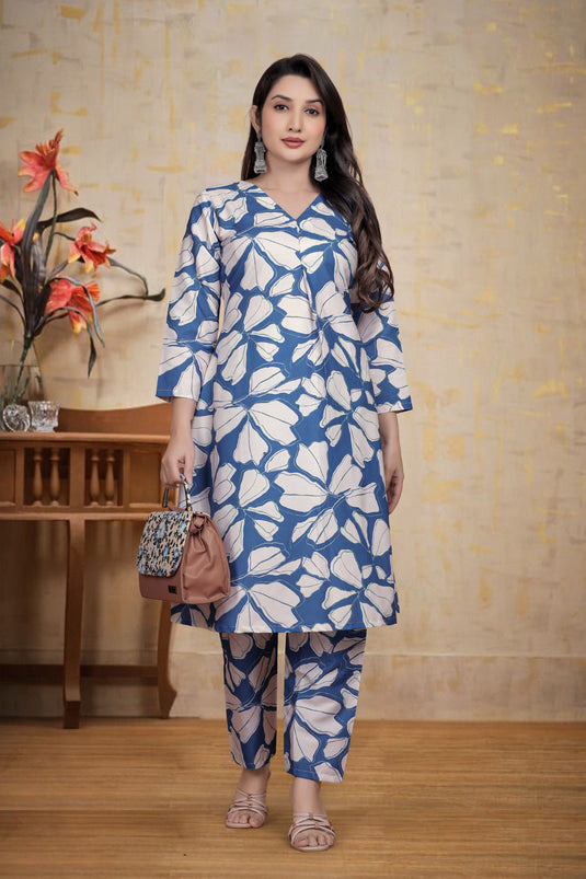 Chic Blue & White Petal Print Co-Ord Set for Women – “Ira” Contemporary Ethnic Style