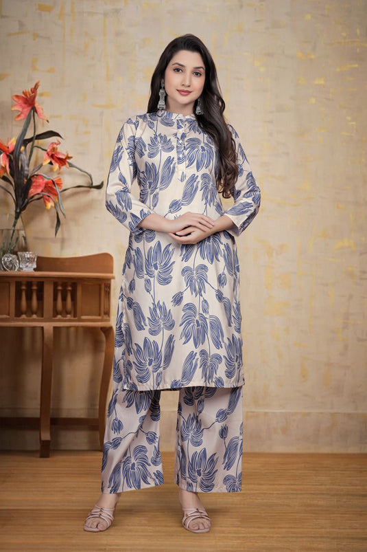 Elegant Cream & Blue Floral Co-Ord Set for Women –  Designer Ethnic Wear