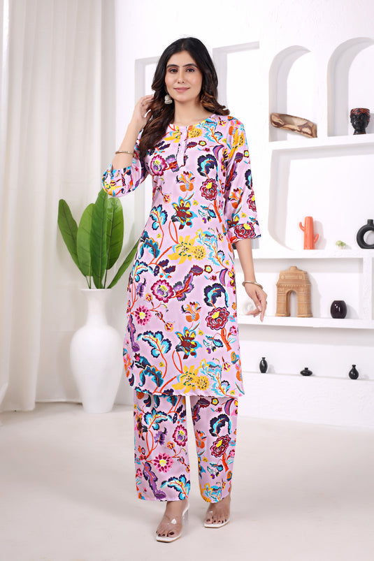 Pastel Pink Multicolor Printed Kurta Set with Matching Pants in Viscose Rayon